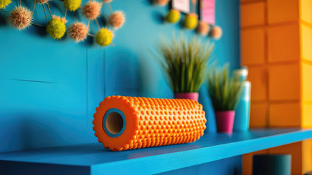 A vibrant scene showcasing a foam roller on a colorful shelf. This image captures the essence of a modern exercise space with decorative elements and greenery.の素材
