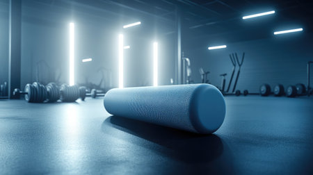 A sleek foam roller rests on the gym floor, surrounded by modern fitness equipment. The bright lights create a motivating atmosphere for workout recovery and stretching.の素材