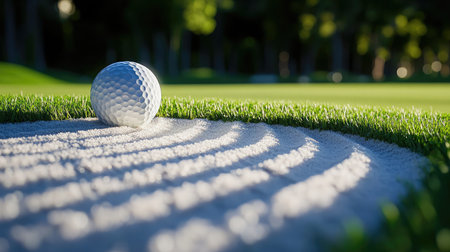 A serene close-up of a golf ball positioned in a sand trap with green grass nearby. The natural lighting enhances shadows, creating an inviting scene for golf enthusiasts.の素材