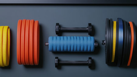 A vibrant arrangement of gym equipment including colorful weights, dumbbells, and a foam roller, perfect for fitness enthusiasts looking to enhance their training routine.の素材