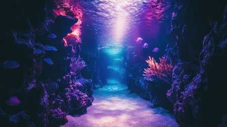 A mesmerizing underwater scene showcases vibrant coral reefs and colorful fish, beautifully illuminated by soft light, creating a serene aquatic environment.の素材