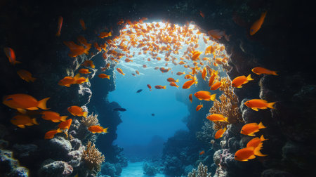 A breathtaking underwater view featuring vibrant orange fish swimming through a coral archway, showcasing the beauty and tranquility of marine life in clear blue waters.の素材