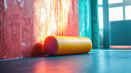 A bright and colorful yoga foam roller leans against an abstract wall, creating a vibrant atmosphere perfect for fitness and wellness activities in a studio setting.の素材