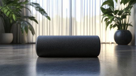 A sleek black yoga roller rests on a smooth floor in a serene room, illuminated by natural light from sheer curtains and surrounded by greenery for a peaceful ambiance.の素材