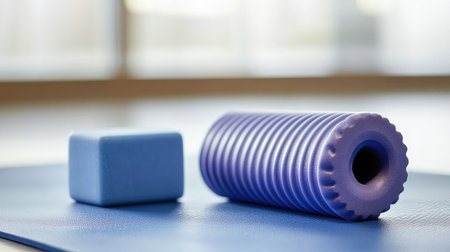 Embrace fitness with a stylish foam roller and block, perfect for yoga and muscle recovery. Ideal for home workouts and gym sessions, enhancing wellness and flexibility.の素材