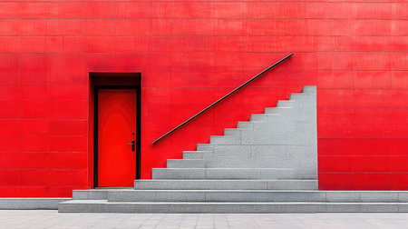 A striking red wall features a sleek staircase and vibrant doorway, embodying modern design principles. This image captures bold colors and geometric forms that inspire creativity.の素材