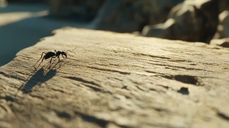 An engaging close-up of an ant exploring a wooden surface, showcasing its intricate details, soft light, and the beauty of nature in a serene outdoor environment.の素材