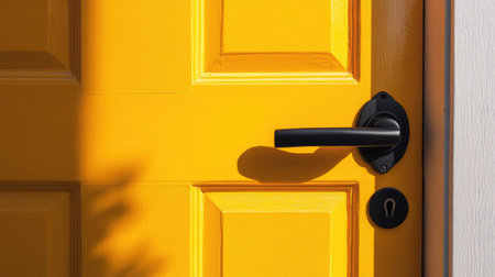 A vibrant yellow door showcasing a sleek handle and keyhole, perfect for adding a cheerful and inviting touch to any residential space while highlighting modern design elements.の素材