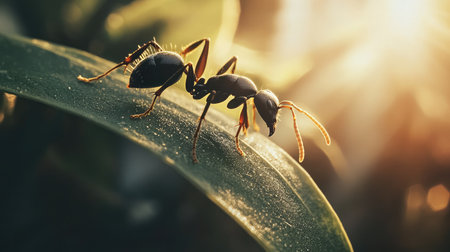 A stunning close-up of a black ant on a green leaf, highlighting the vibrant details of nature while sunlight illuminates its journey through the lush environment.の素材