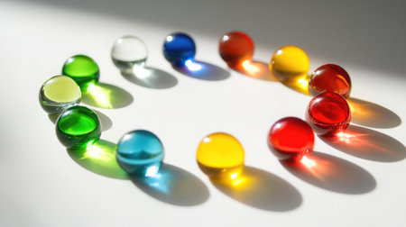 A stunning display of colorful glass marbles arranged in a circular pattern, casting vibrant shadows on a bright surface illuminated by soft natural light.の素材