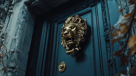 A striking close-up view of a lion door knocker on an elegant vintage wooden door. The rich textures of metal and wood highlight intricate craftsmanship and historical charm.の素材