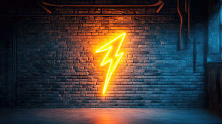Neon lightning bolt sign shines brightly against a textured brick wall, creating an energetic and modern atmosphere ideal for contemporary design and artistic inspiration.の素材