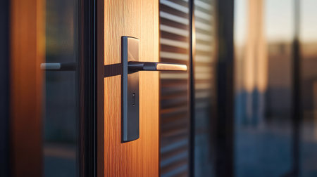 A modern door handle catches warm sunlight on a wooden surface, highlighting its elegant design and minimalist style in a contemporary setting perfect for home improvement inspirations.の素材