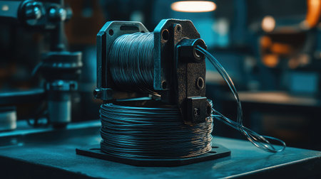A detailed close-up of a metal wire spool situated in a workshop, highlighting the texture of the wire and the machinery present for a captivating industrial aesthetic.の素材