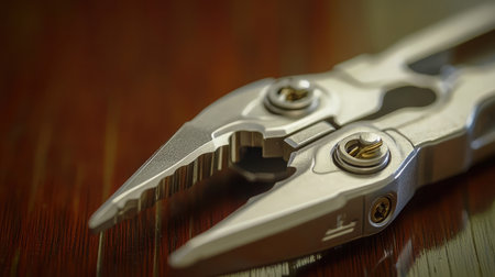 This image features a close-up of metallic pliers displaying intricate design and grip features, perfect for showcasing tool craftsmanship and precision in a workshop setting.の素材