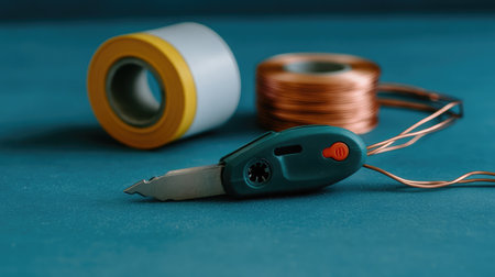Discover essential crafting tools including a cutting blade, copper wire, and colorful tape, perfect for creative projects and DIY activities on a smooth surface.の素材