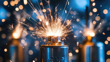 Captivating close-up of fireworks sparking brilliantly against a blurred background, perfect for showcasing moments of celebration and festive atmosphere.の素材