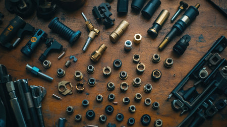 A captivating overhead view of various metal fittings and tools spread out on a wooden workbench, showcasing intricate designs and craftsmanship in an industrial setting.の素材