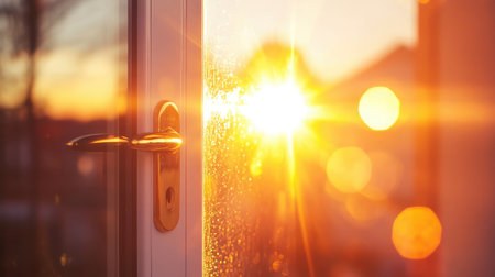 A stunning scene of warm sunshine filtering through a wet glass door, creating a harmonious blend of sparkling reflections and vibrant colors on a tranquil morning.の素材