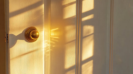 This image features a door illuminated by warm sunlight, creating beautiful shadows and reflections that enhance the cozy atmosphere of the interior space.の素材