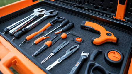High-quality hand tools organized in a toolbox, featuring pliers, screwdrivers, and wrenches in vibrant orange. Ideal for home repairs and professional projects.の素材