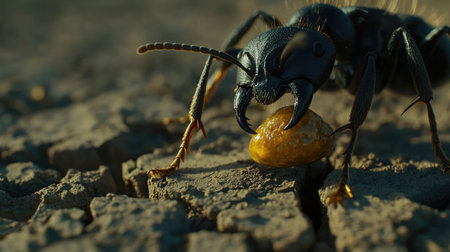 This macro shot captures a black ant as it gathers food on dry, cracked soil. The image showcases intricate details of the insect and its environment, emphasizing nature's beauty.の素材