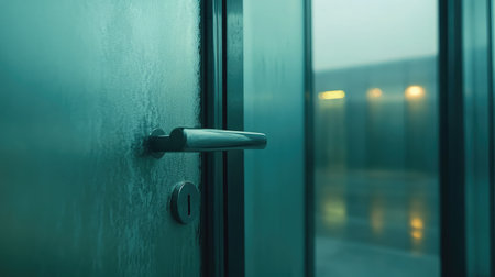 A close-up of a misty glass door with a gleaming handle, creating a tranquil atmosphere while hinting at mystery and a blurred outdoor scene beyond.の素材