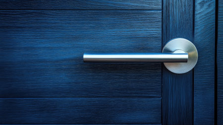 A close-up view of a modern door handle on a blue wooden door, showcasing sleek design and fine texture, perfect for highlighting contemporary interior aesthetics and functionality.の素材