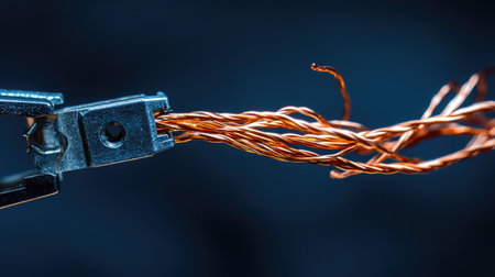 This close-up photograph captures the intricacies of copper wire being crimped by pliers, emphasizing the texture and detailed construction of electrical components.の素材