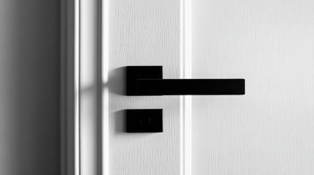 A sleek black door handle complements a textured white door, showcasing contemporary design. Perfect for architectural projects, home renovations, and modern interiors.の素材