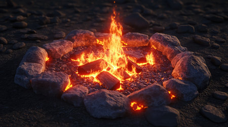 Capture the essence of tranquility with this beautiful campfire image, featuring bright flames and a rugged stone circle, perfect for outdoor-themed projects.の素材