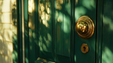 This image showcases an elegant green door with a striking golden knob, beautifully lit by natural sunlight creating enchanting shadows and highlighting architectural details.の素材
