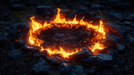 A captivating view of a circular fire pit surrounded by rocks, featuring flickering flames that create a warm ambiance perfect for outdoor gatherings and events.の素材