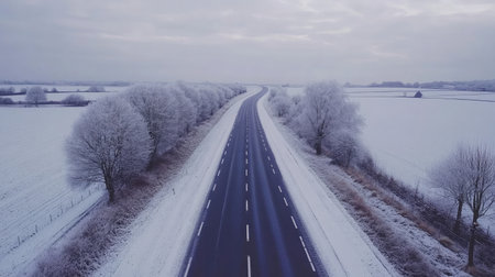 Experience the tranquility of a winter landscape with an aerial view of a snowy road winding through frost-laden trees and open fields under a soft gray sky.の素材