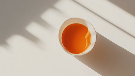 A minimalistic image featuring a bright orange liquid in a white cup, casting soft shadows on a light surface, perfect for design and lifestyle themes.の素材