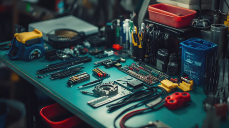 This image showcases a well-organized workbench filled with essential tools and electronic components, perfect for anyone interested in DIY projects or repairs.の素材