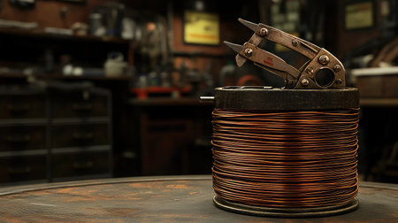 A captivating still-life image showcasing winding copper wire and a vintage mechanical tool, set against a rustic workshop backdrop that embodies craftsmanship and nostalgia.の素材
