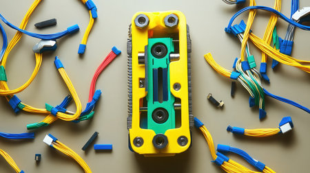 Close-up view of a vintage cassette player in yellow and green, surrounded by colorful wires and connectors, highlighting retro technology and creativity in design elements.の素材