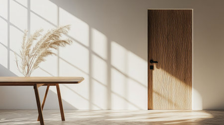 A serene minimalist interior scene featuring a wooden table, decorative plant, and a door, beautifully lit by natural sunlight, enhancing the calm atmosphere of the space.の素材