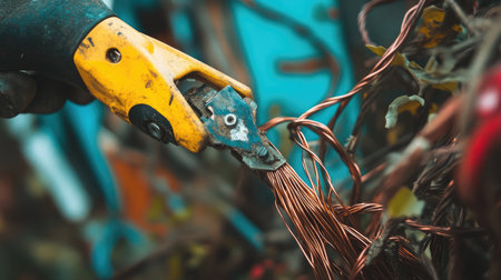 A vivid close-up of vintage yellow pruning shears delicately cutting through copper wire, set against a beautifully blurred natural garden background, showcasing craftsmanship and outdoor tools.の素材