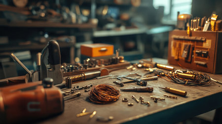 A detailed depiction of a workbench filled with various tools, copper wires, and fasteners, showcasing a well-equipped workshop bathed in warm sunlight.の素材