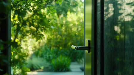 A beautiful doorway reveals a lush green garden, bathed in sunlight, offering a peaceful retreat into nature. Experience the tranquility of outdoor life.の素材