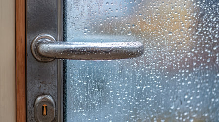 A close-up image of a door handle with water droplets on a glass surface, creating a cozy atmosphere perfect for illustrating rainy day comfort and interior tranquility.の素材