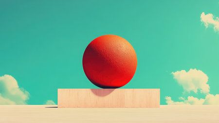 A vibrant red sphere elegantly balanced on a minimalist platform, set against a bright blue sky with fluffy clouds, creating a striking and surreal artistic visual.の素材