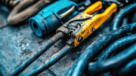 A detailed close-up of various tools showcasing rust and wear on a textured surface, emphasizing vibrant colors and the intricate design of equipment found in a working environment.の素材