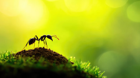 A mesmerizing close-up of two black ants interacting on a soil mound, set against a vibrant green background that illustrates nature's beauty and insect dynamics.の素材