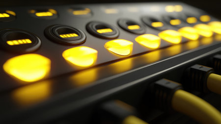 A detailed close-up image showcasing illuminated controller buttons with yellow lights and connection ports, highlighting advanced technology for multimedia and audio production.の素材