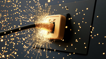 A captivating close-up image depicting an electric plug inserting into an outlet, showcasing vivid sparks that illustrate the power and energy transfer, set against a sleek background.の素材