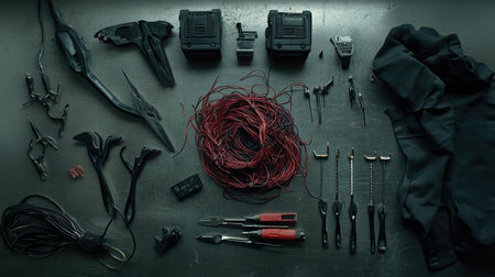 A diverse collection of tools and equipment shown on a dark surface, highlighting essential items for DIY projects, electrical work, and repairs. Ideal for workshops and creatives.の素材
