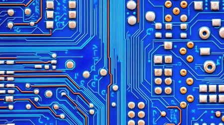 Explore a detailed close-up of a blue circuit board showcasing intricate pathways and electronic components that represent modern technology and innovation themes for various projects.の素材